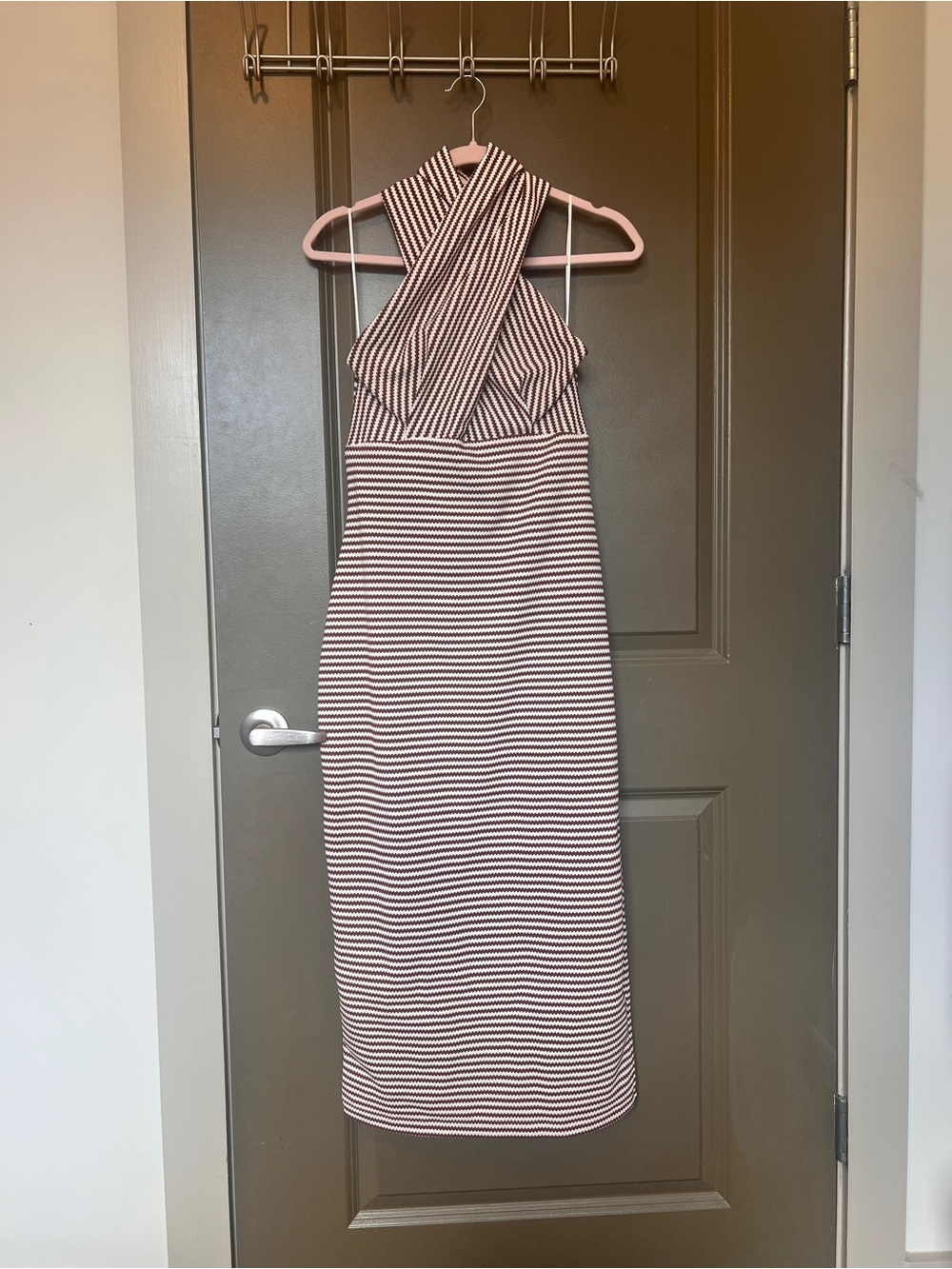 Amanda Uprichard Striped Halter Midi Dress in Cream & Black